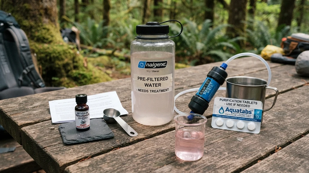 Emergency water treatment setup showing potassium permanganate kept separate from safer water purification tools