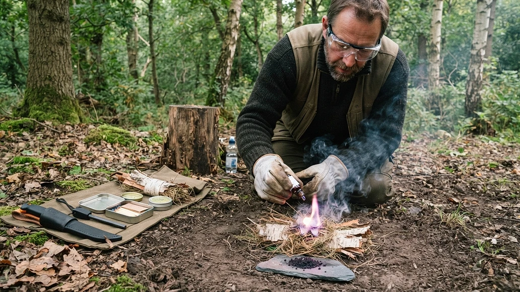 Controlled outdoor demonstration of potassium permanganate fire starting with safer fire tools nearby