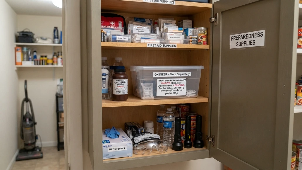 Safe home storage setup for potassium permanganate in a labeled container away from incompatible materials