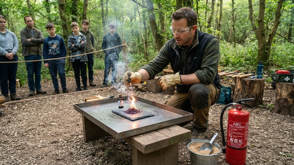 Controlled outdoor demonstration of potassium permanganate fire starting with proper safety gear