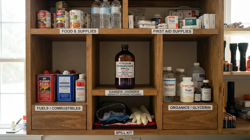 Properly labeled potassium permanganate stored safely in a home preparedness cabinet