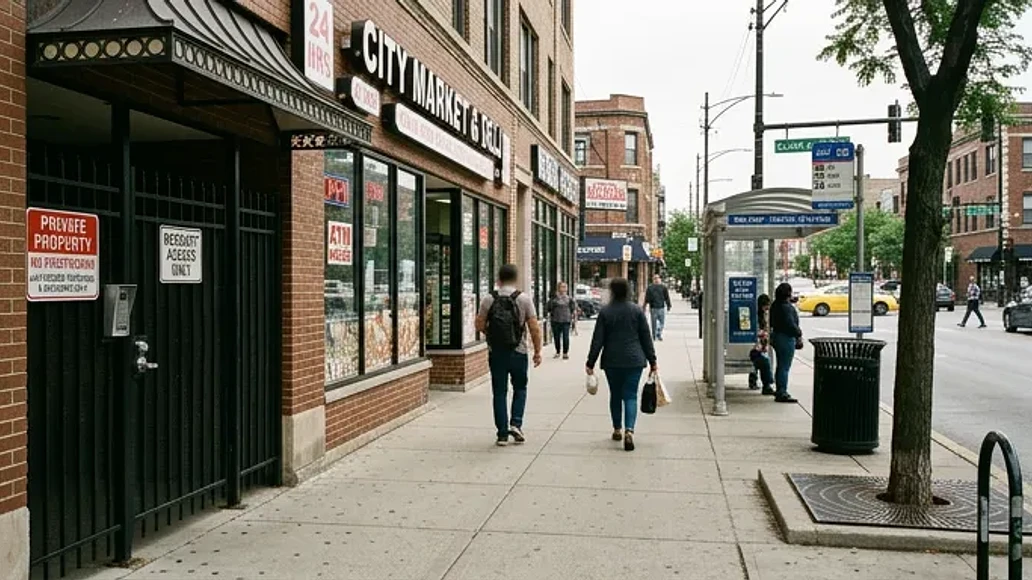 Urban sidewalk showing public and restricted spaces relevant to solicitation laws