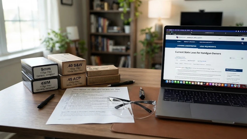 Ammunition boxes and a state law checklist beside a laptop for legal research