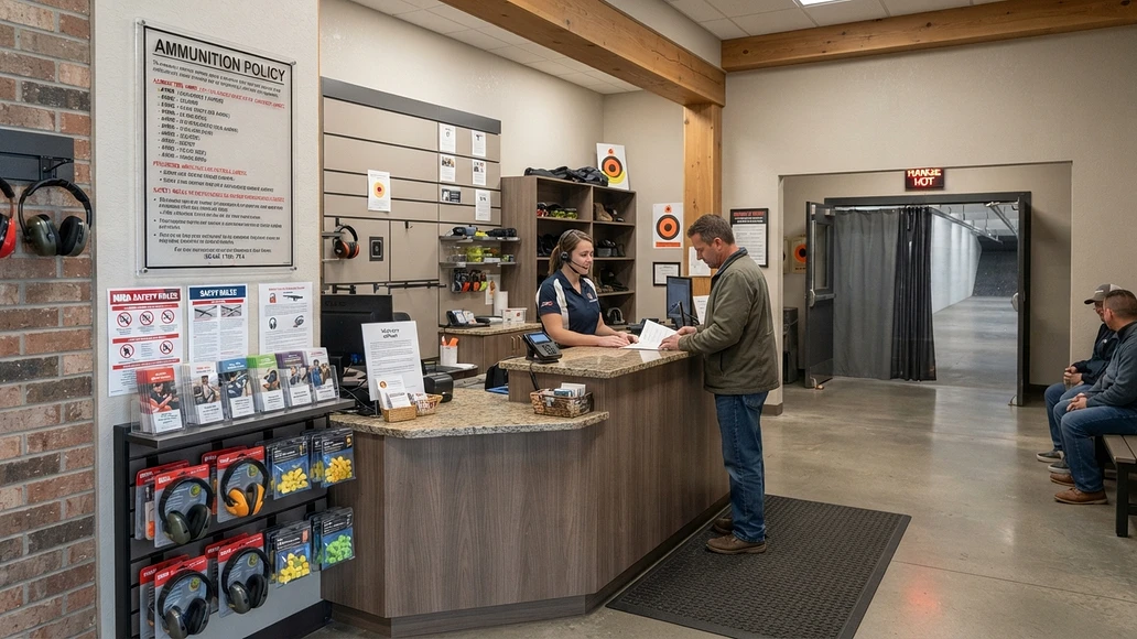 Posted range ammunition policy sign in a commercial shooting range lobby