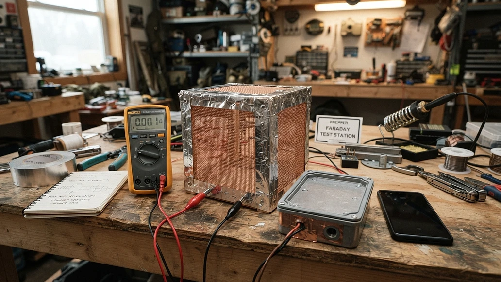 Close-up of Faraday cage materials and sealed seams on a workbench