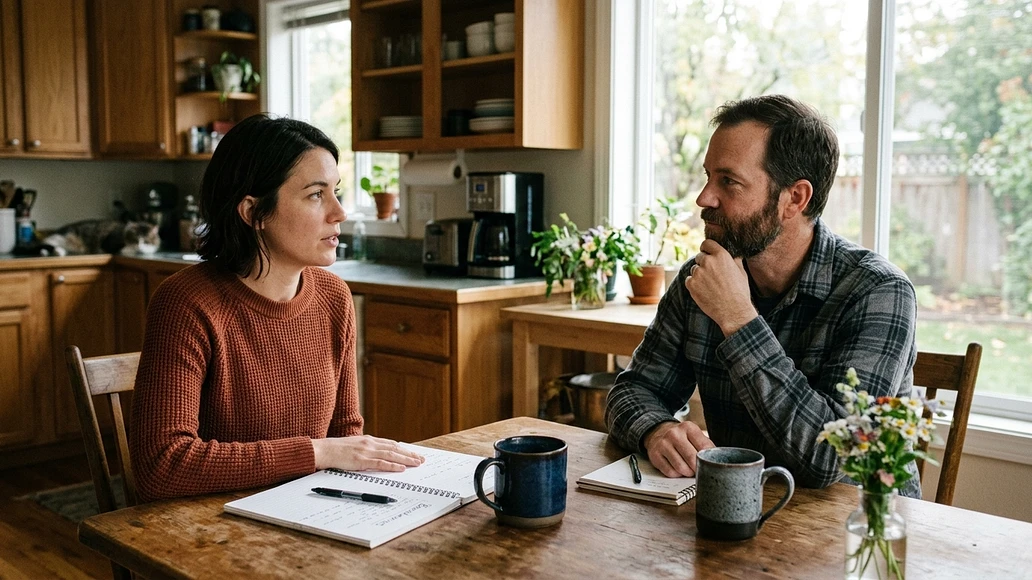 Two adults having a calm conversation at a kitchen table