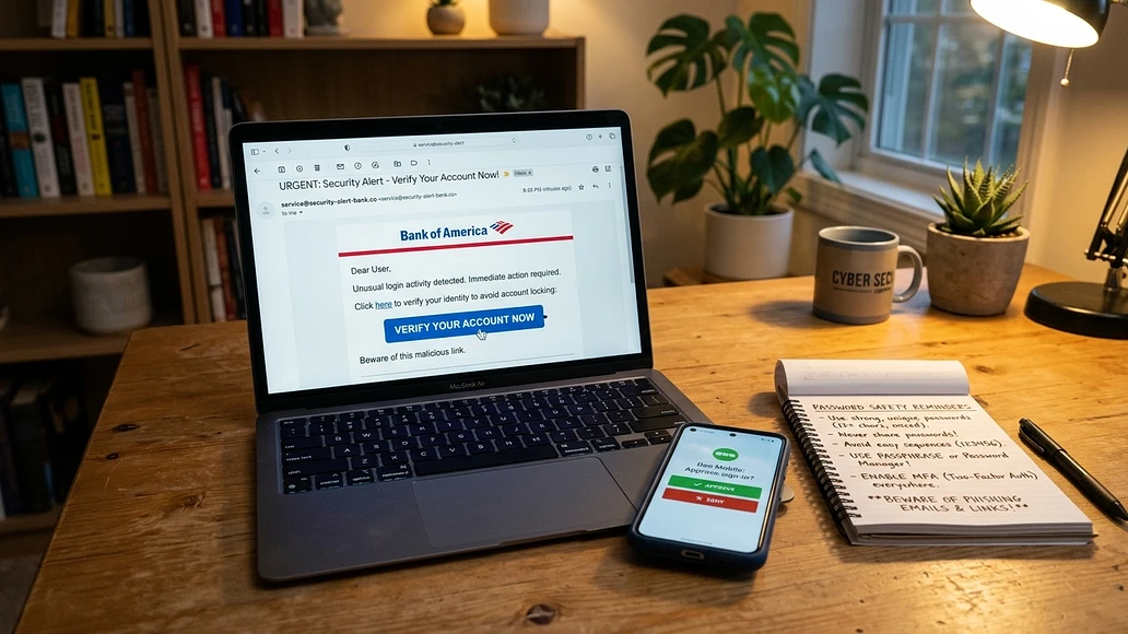 Laptop and phone showing online safety practices in a home office