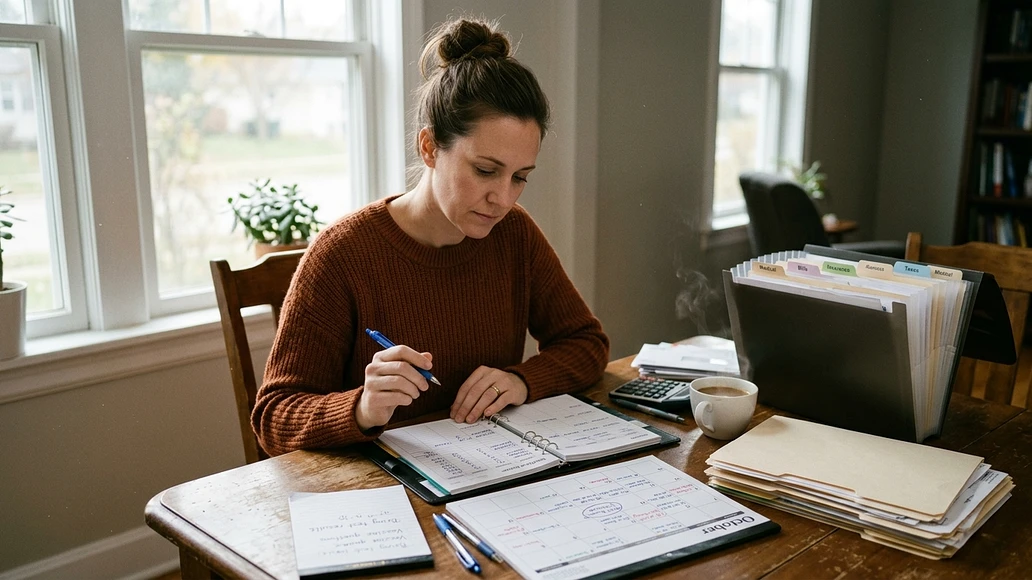 Person organizing budget, calendar, and paperwork at a dining table