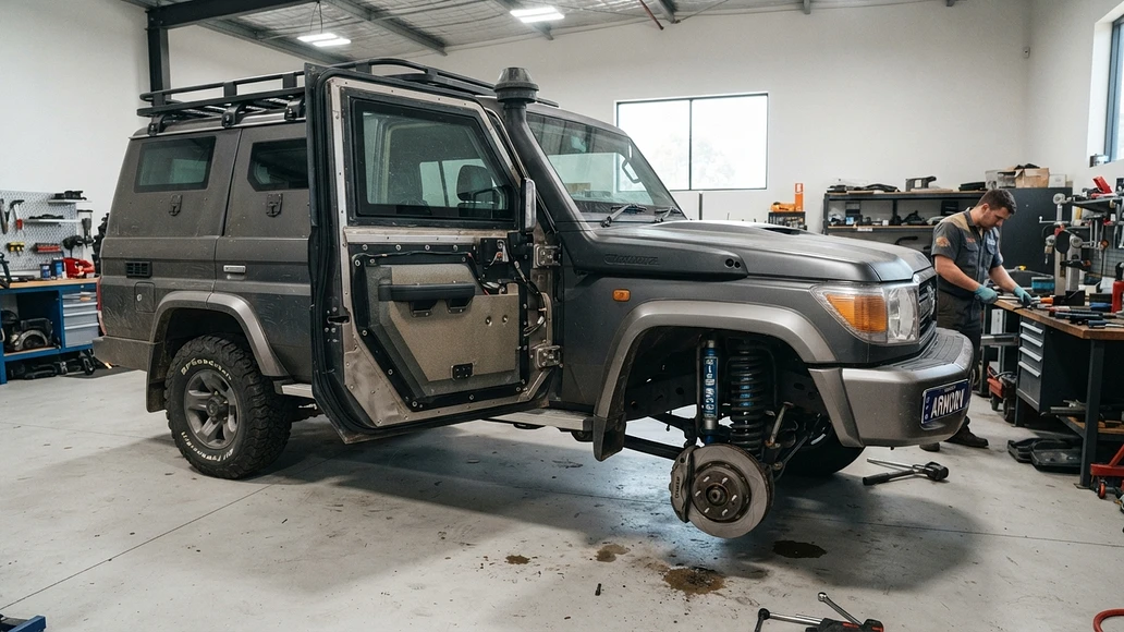 Armored SUV in a workshop showing ballistic glass and reinforced door construction