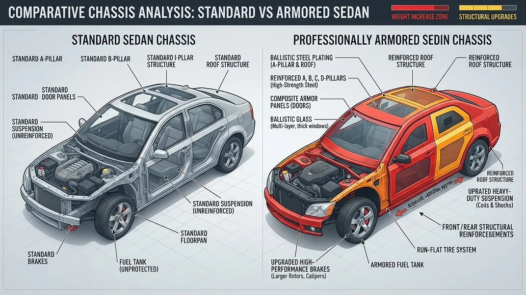 Comparison of standard and armored sedan structure with reinforced areas highlighted