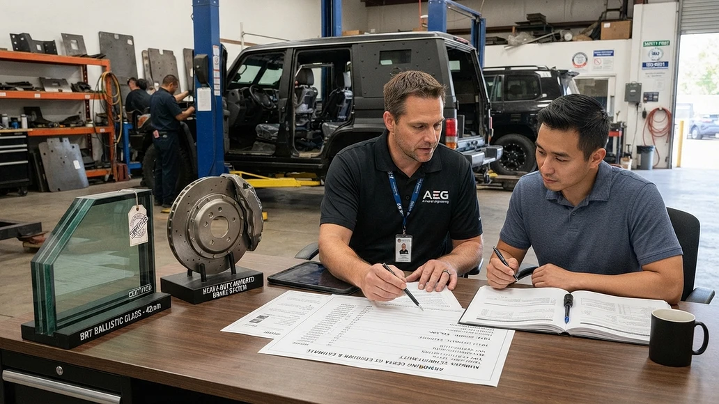 Customer reviewing armored vehicle certifications and cost estimates with an armoring specialist