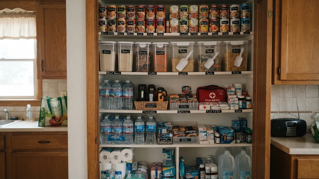 Organized home emergency pantry with food, water, and supplies