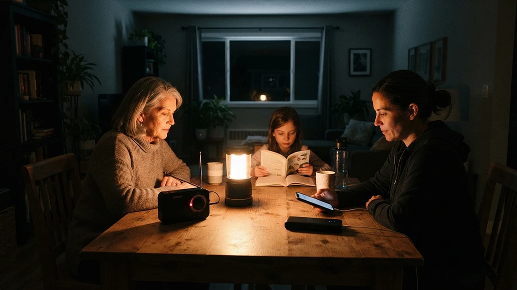Safe home power outage setup with lanterns, radio, and backup charging