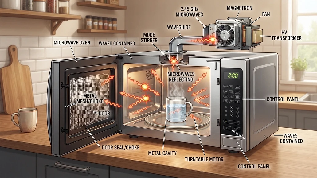 Cutaway view of a microwave oven showing how the metal cavity and door mesh contain microwaves