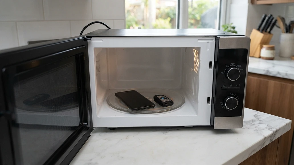Phone and key fob placed inside an unplugged microwave as a temporary signal blocking test