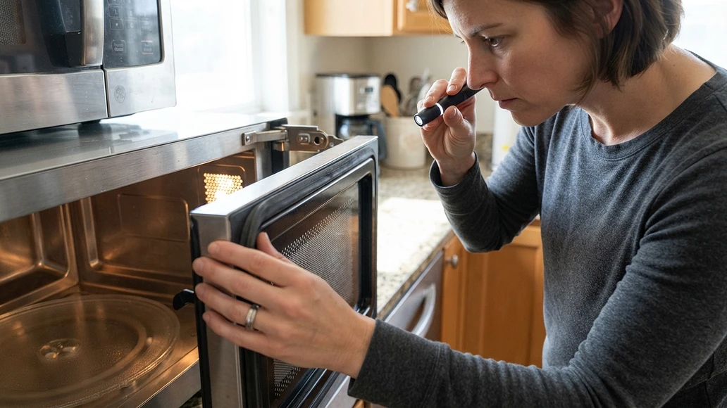Inspecting a microwave door seal and mesh for damage or wear