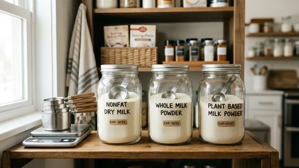 Organized pantry shelf with different types of milk powder in labeled containers