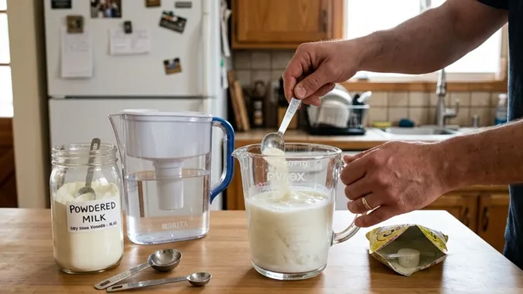 Mixing powdered milk in a clean pitcher with measuring tools