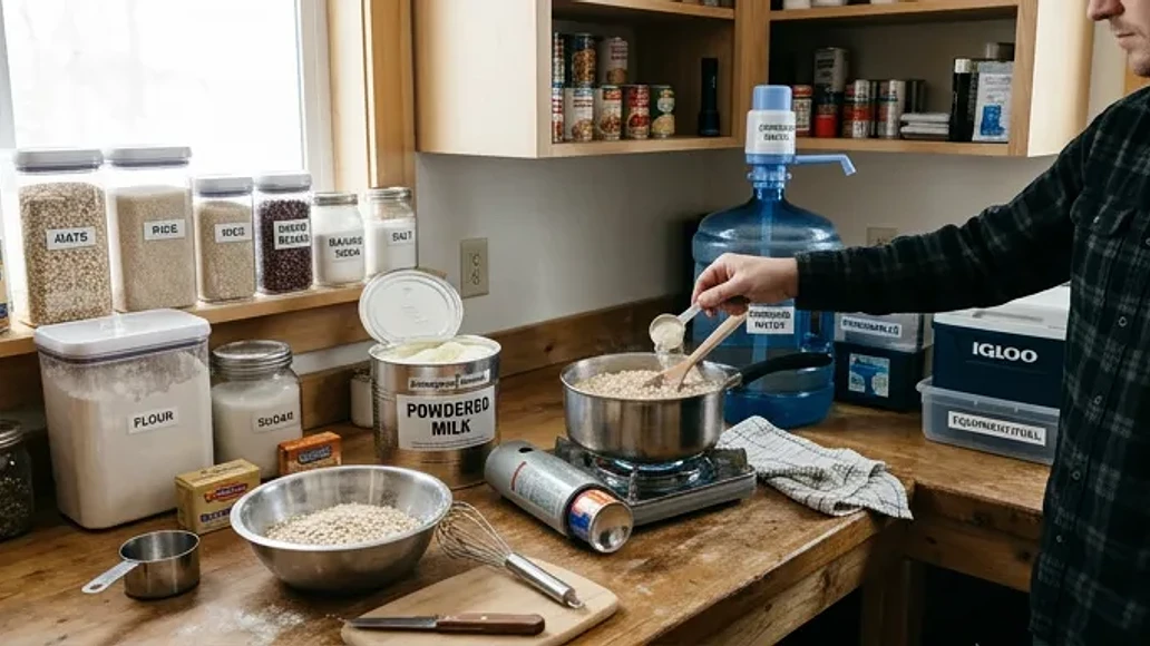 Preparedness kitchen using powdered milk for cooking with organized supplies