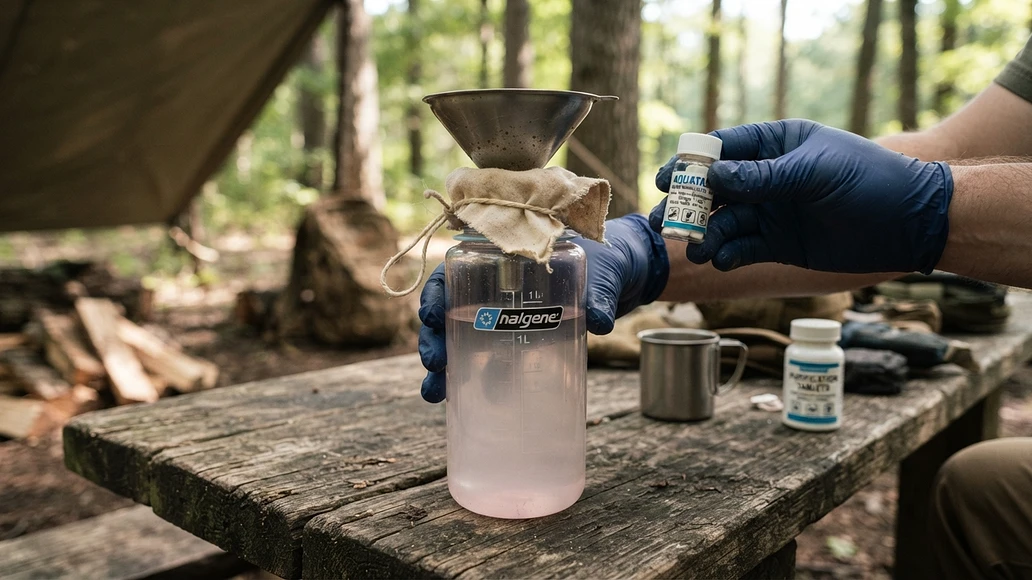 Emergency water treatment setup showing faint pink treated water and careful handling