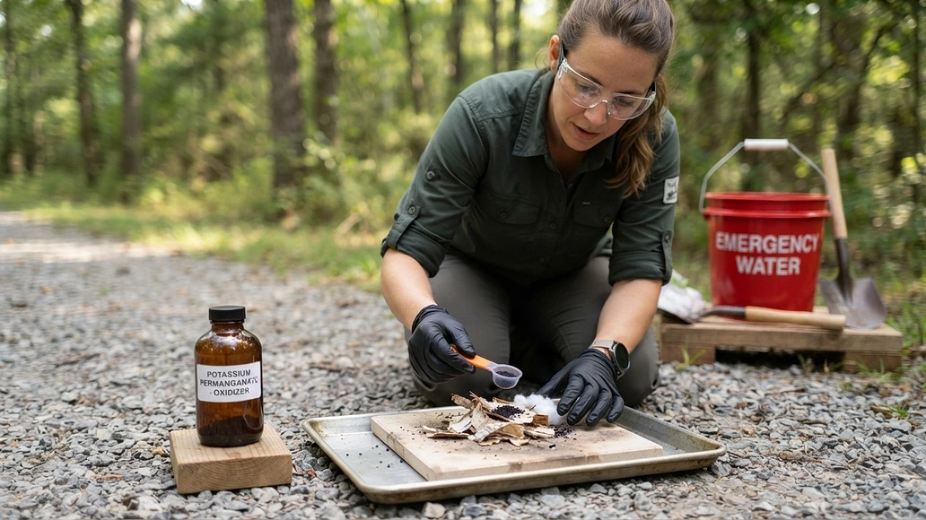 Careful outdoor demonstration of potassium permanganate fire starting with protective gear
