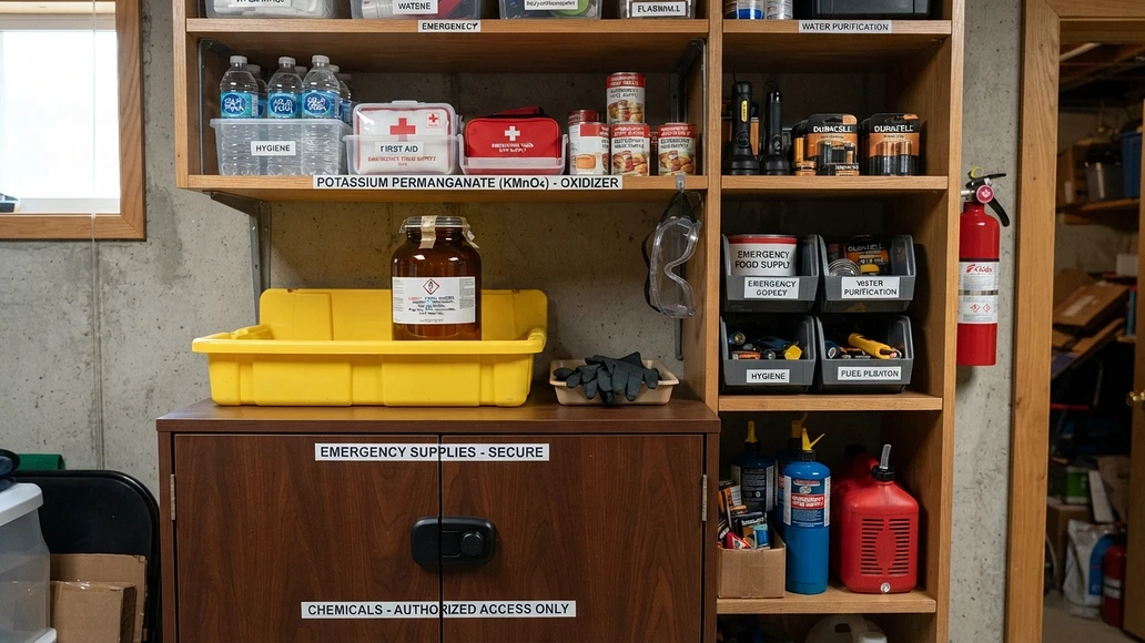 Properly labeled and safely stored potassium permanganate in a home preparedness cabinet
