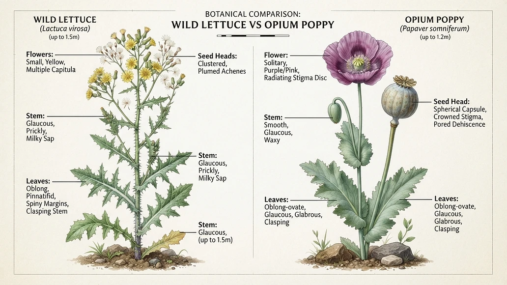 Botanical comparison of wild lettuce and opium poppy with visible plant differences