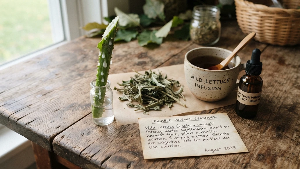 Wild lettuce forms including fresh stem latex, dried herb, tea, and tincture