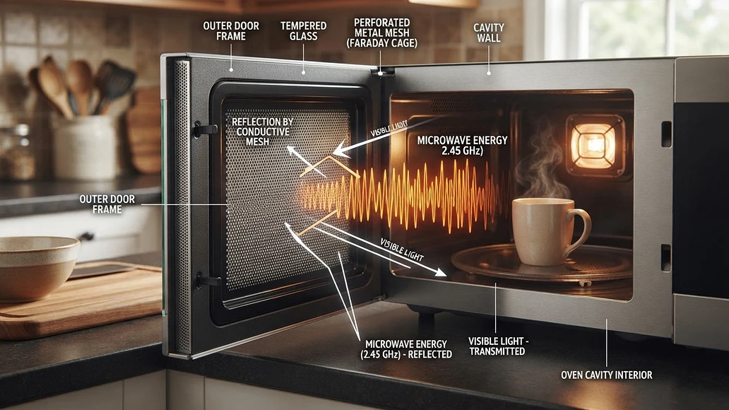 Close-up of a microwave door mesh illustrating how the screen blocks microwave energy while allowing visible light through
