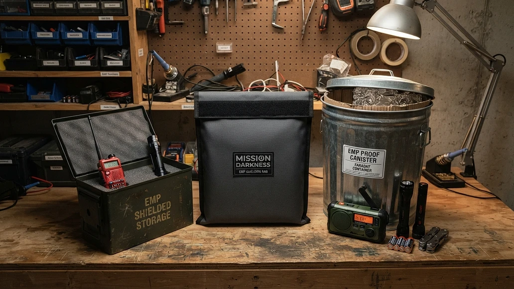 Preparedness alternatives to a microwave for shielding electronics, including Faraday bags and insulated metal containers