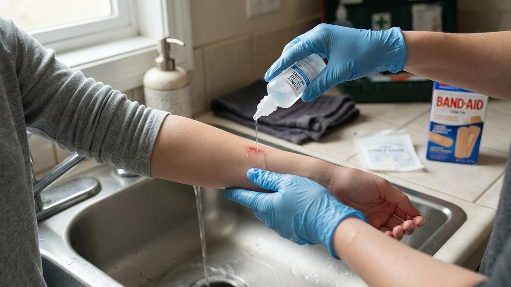 Minor wound being cleaned safely at home with saline and sterile supplies