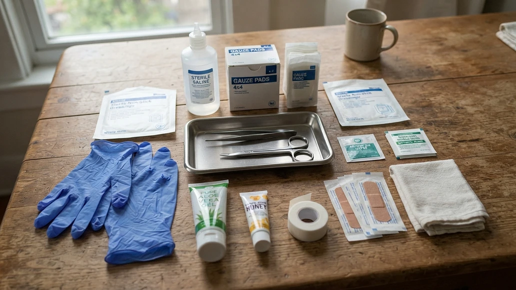 Home wound care kit with standard supplies and safe natural options