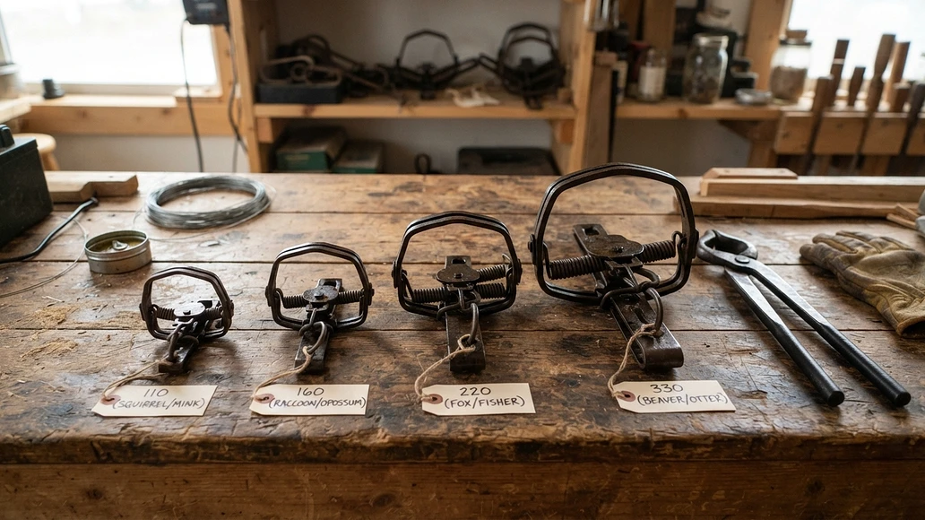 Different body-grip trap sizes displayed safely on a workbench with setting tools