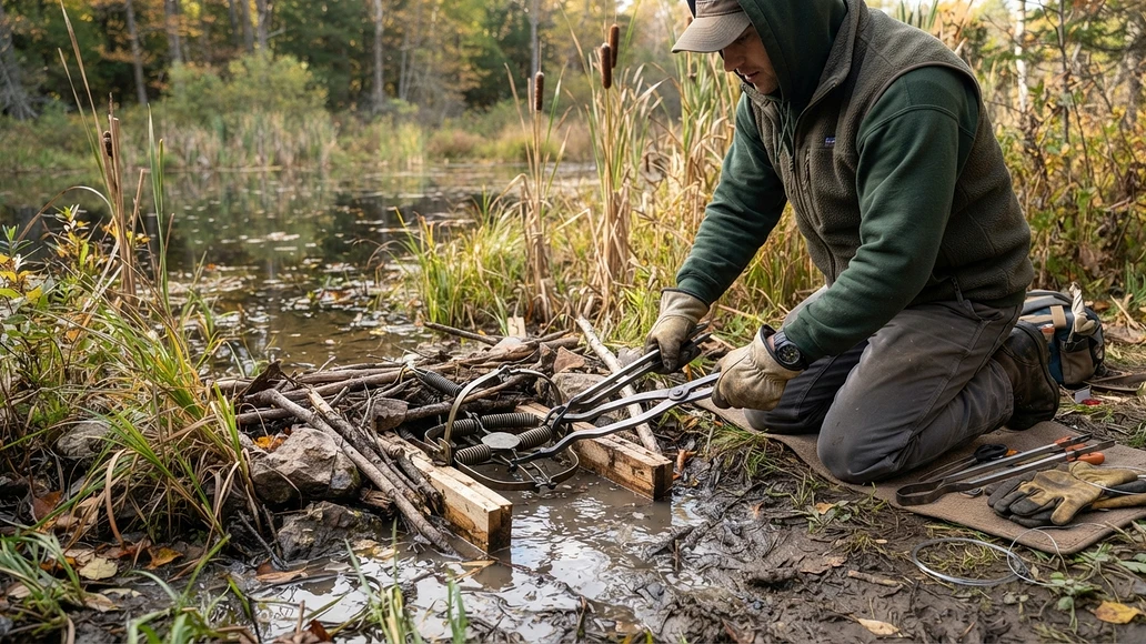 A person using setting tongs and safety hooks to handle a body-grip trap safely