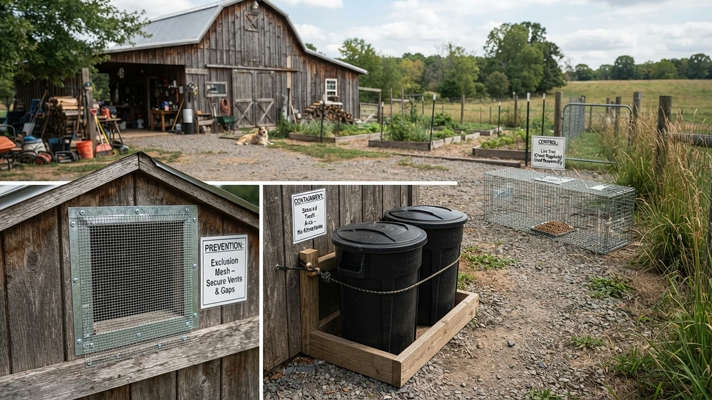 Wildlife control alternatives on a rural property, including exclusion repairs and a cage trap