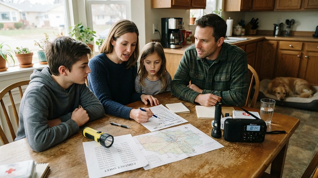 Family reviewing an emergency plan at the kitchen table