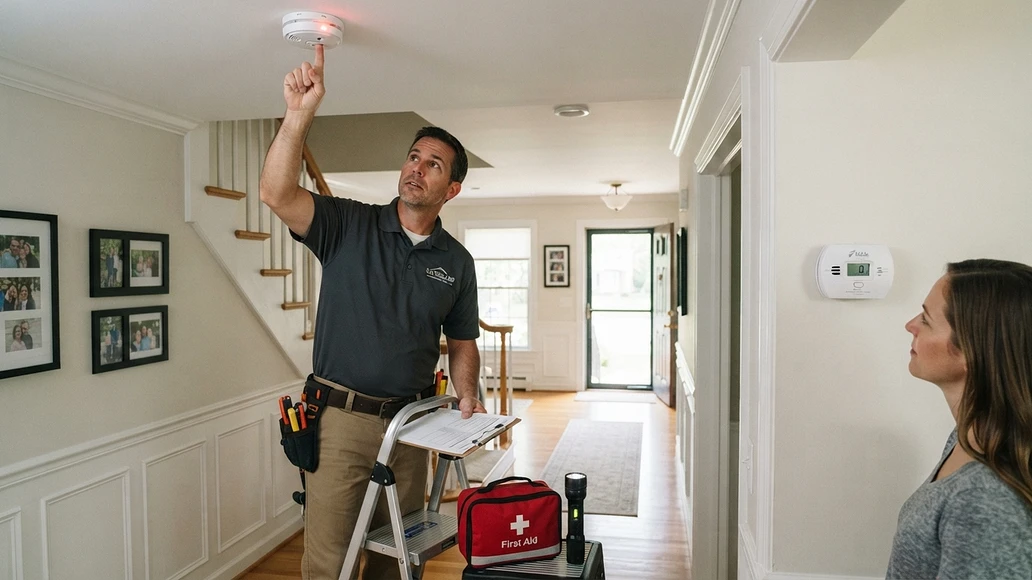 Adult testing a smoke alarm during a home safety check