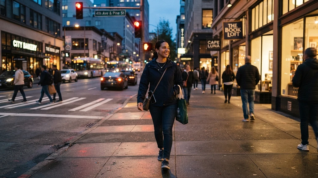 Person staying alert while walking on a well-lit city sidewalk