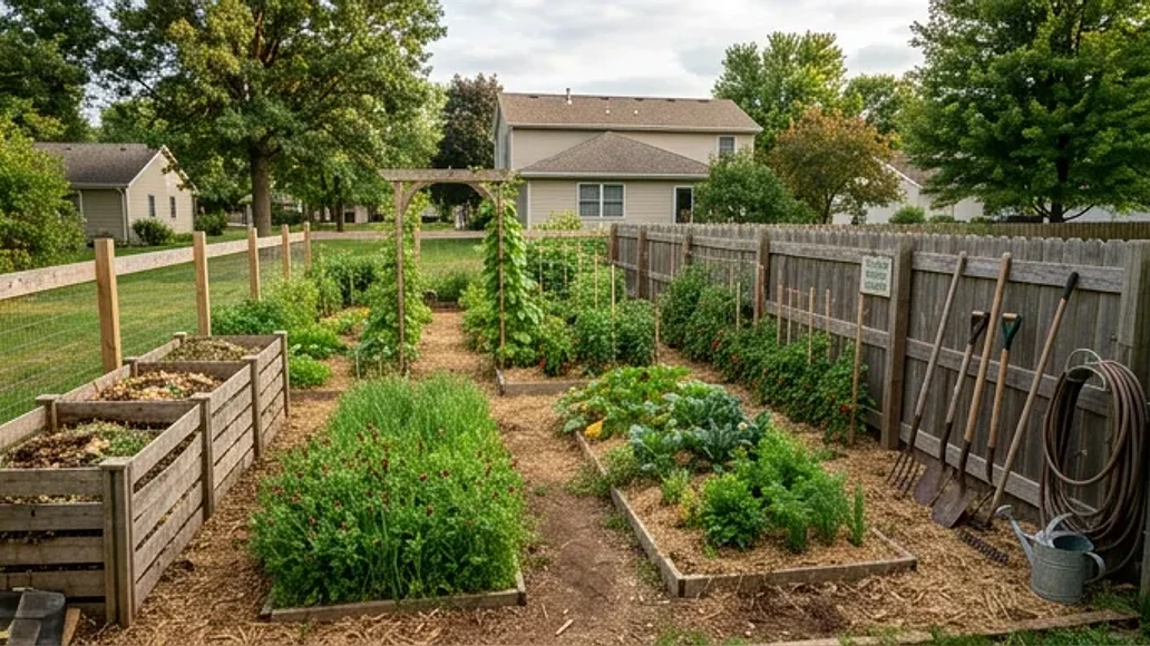 Backyard garden with compost bins, mulch, and cover crops
