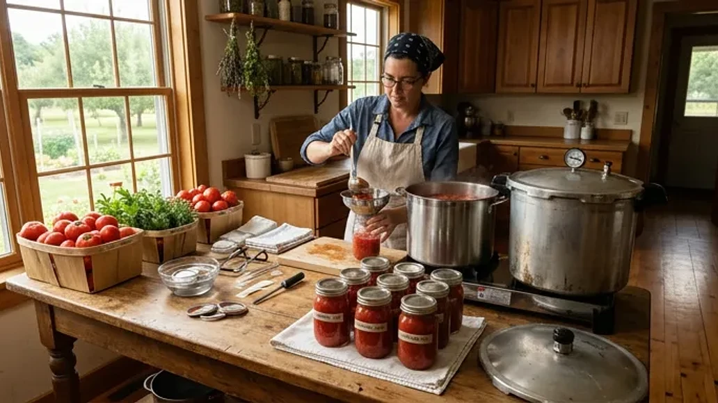 Safe home canning setup with jars and pressure canner