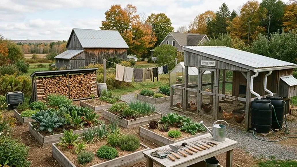 Small homestead with raised beds, chickens, and simple off-grid systems