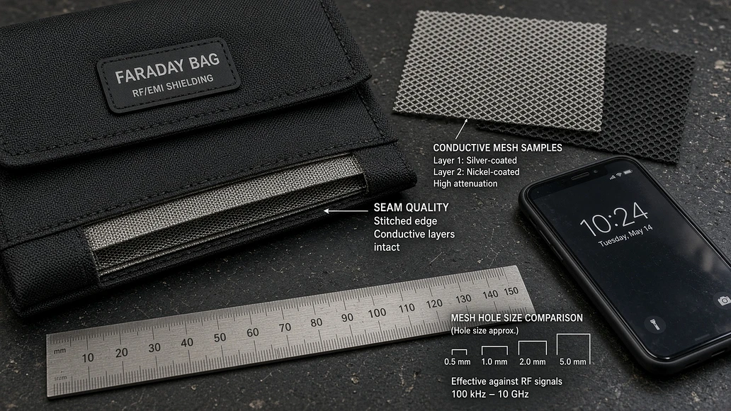 Faraday bag and metal mesh samples next to a smartphone for shielding comparison