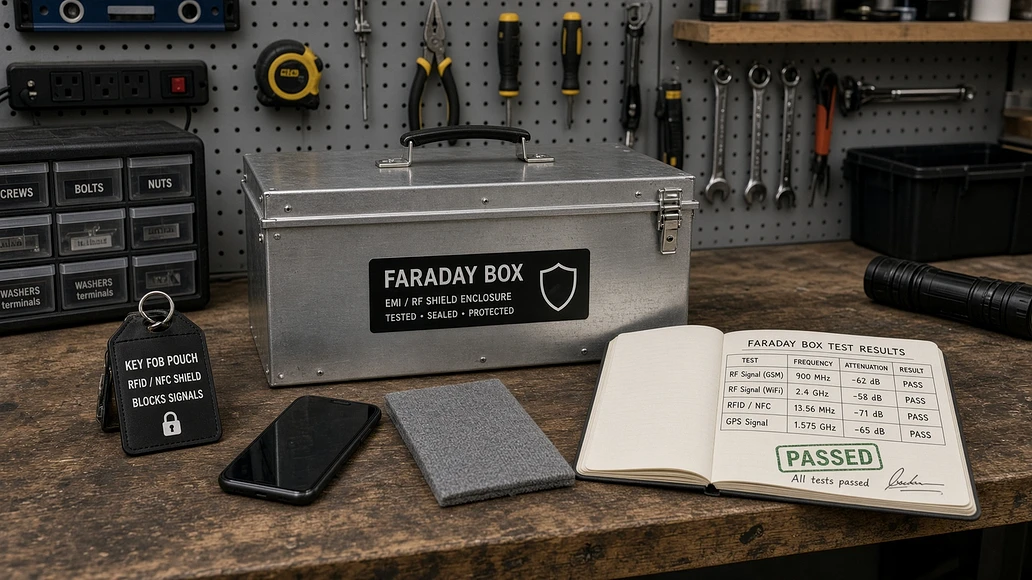 Preparedness workbench with Faraday box, pouch, and test notes