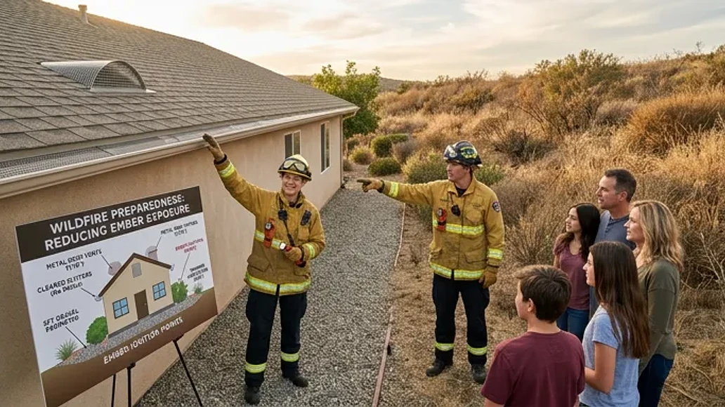 Home at the wildland urban interface with visible ember resistant features and defensible space