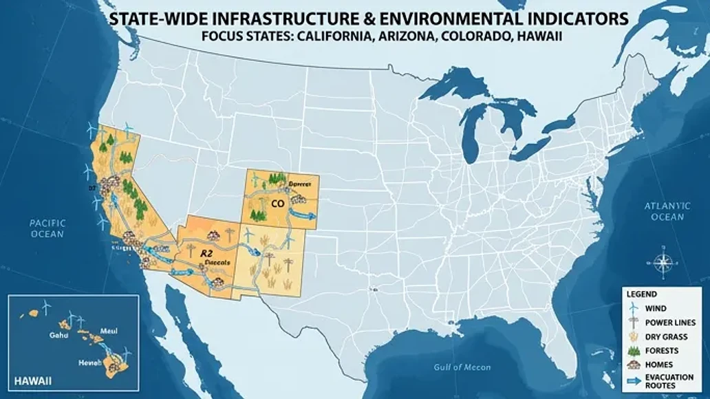 Map style illustration showing regional wildfire risk patterns and notable case study states