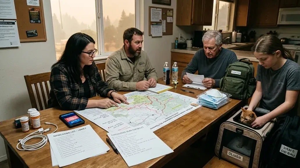 Family preparing a wildfire evacuation plan with go bags, masks, and maps