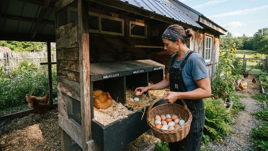 Collecting eggs from a backyard coop during hot summer weather