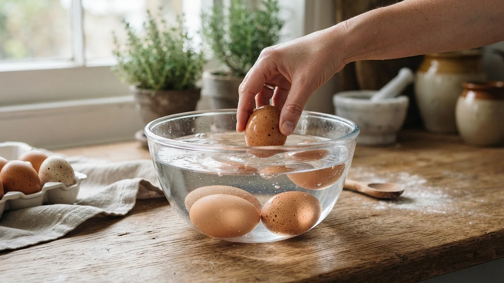 Float testing farm fresh eggs in a bowl of water