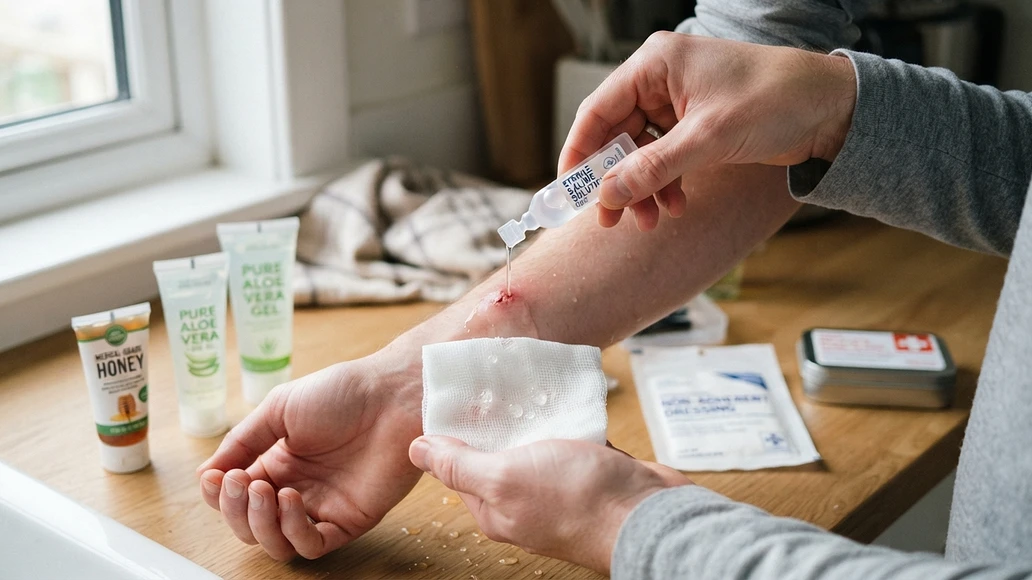 Safe first aid setup for cleaning and dressing a minor wound at home