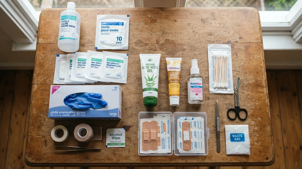 Home wound care kit with standard supplies and safe natural options